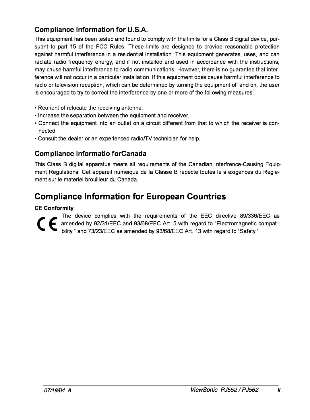 ViewSonic Compliance Information for U.S.A, Compliance Informatio forCanada, CE Conformity, ViewSonic PJ552 / PJ562 