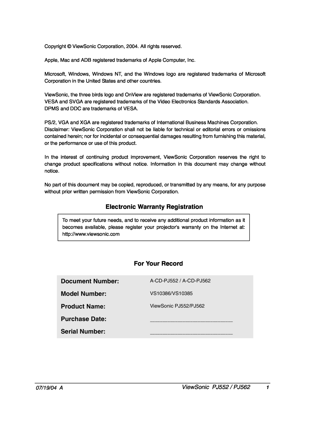 ViewSonic PJ562 Electronic Warranty Registration, For Your Record, Document Number, Model Number, Product Name, 07/19/04 A 