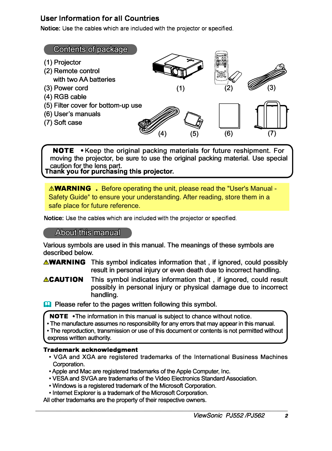 ViewSonic PJ562 manual Contents of package, $ErxwWklvPdqxdo, User Information for all Countries 