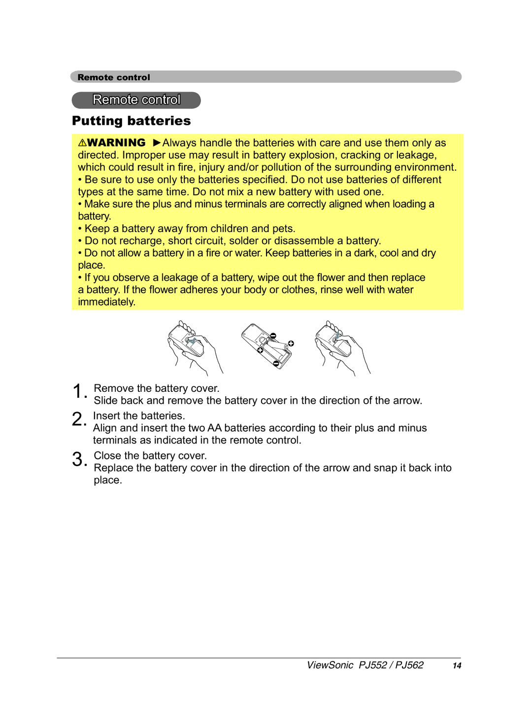 ViewSonic PJ562 manual 3XWWLQJEDWWHULHV, Lpphgldwho\, WhuplqdovDvLqglfdwhgLqWkhUhprwhFrqwuro, Sodfh 