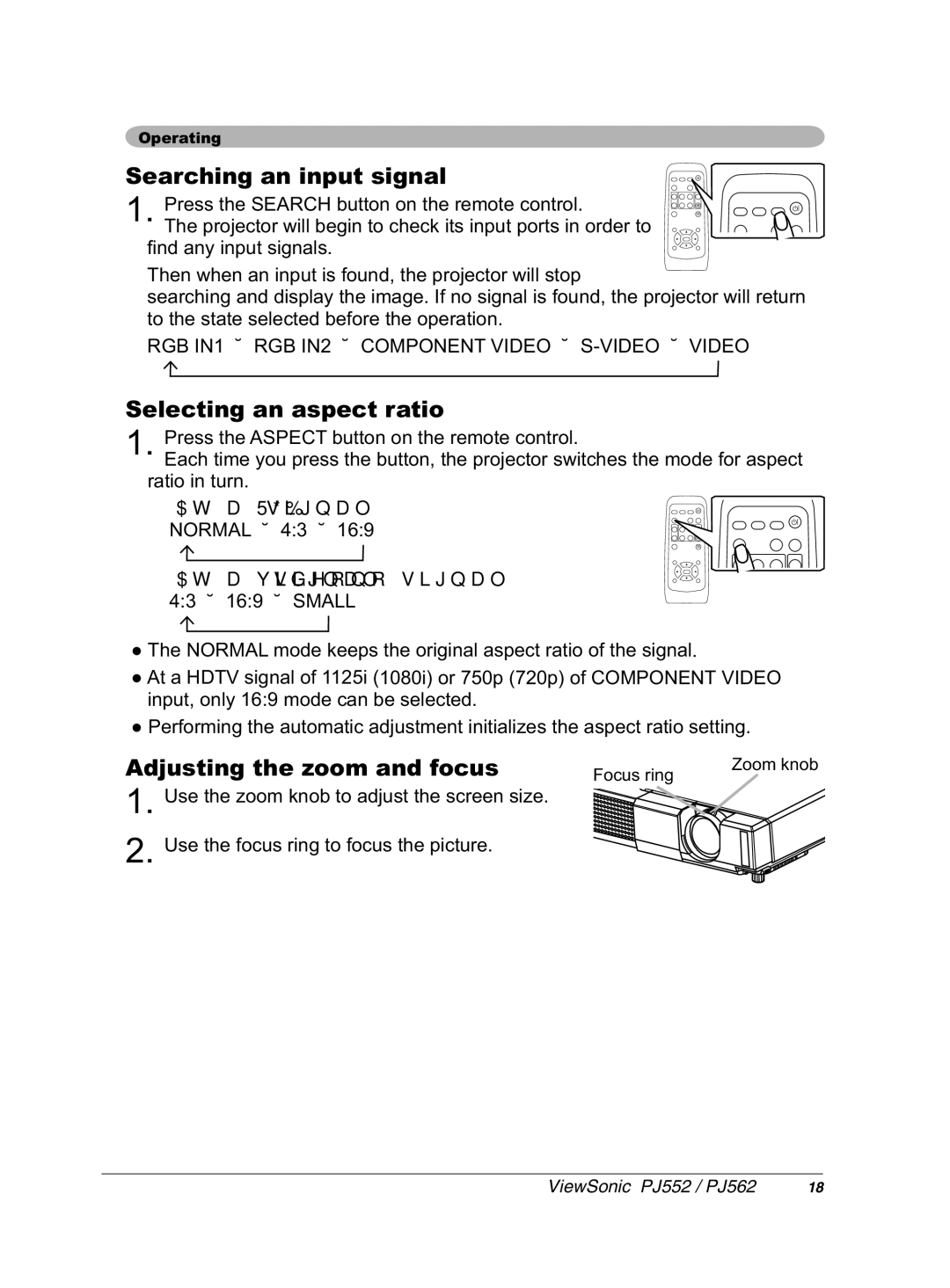 ViewSonic PJ562 manual 6HDUFKLQJDQLQSXWVLJQDO, 6HOHFWLQJDQDVSHFWUDWLR, $GmxvwlqjWkhRr DqgIrfxv 