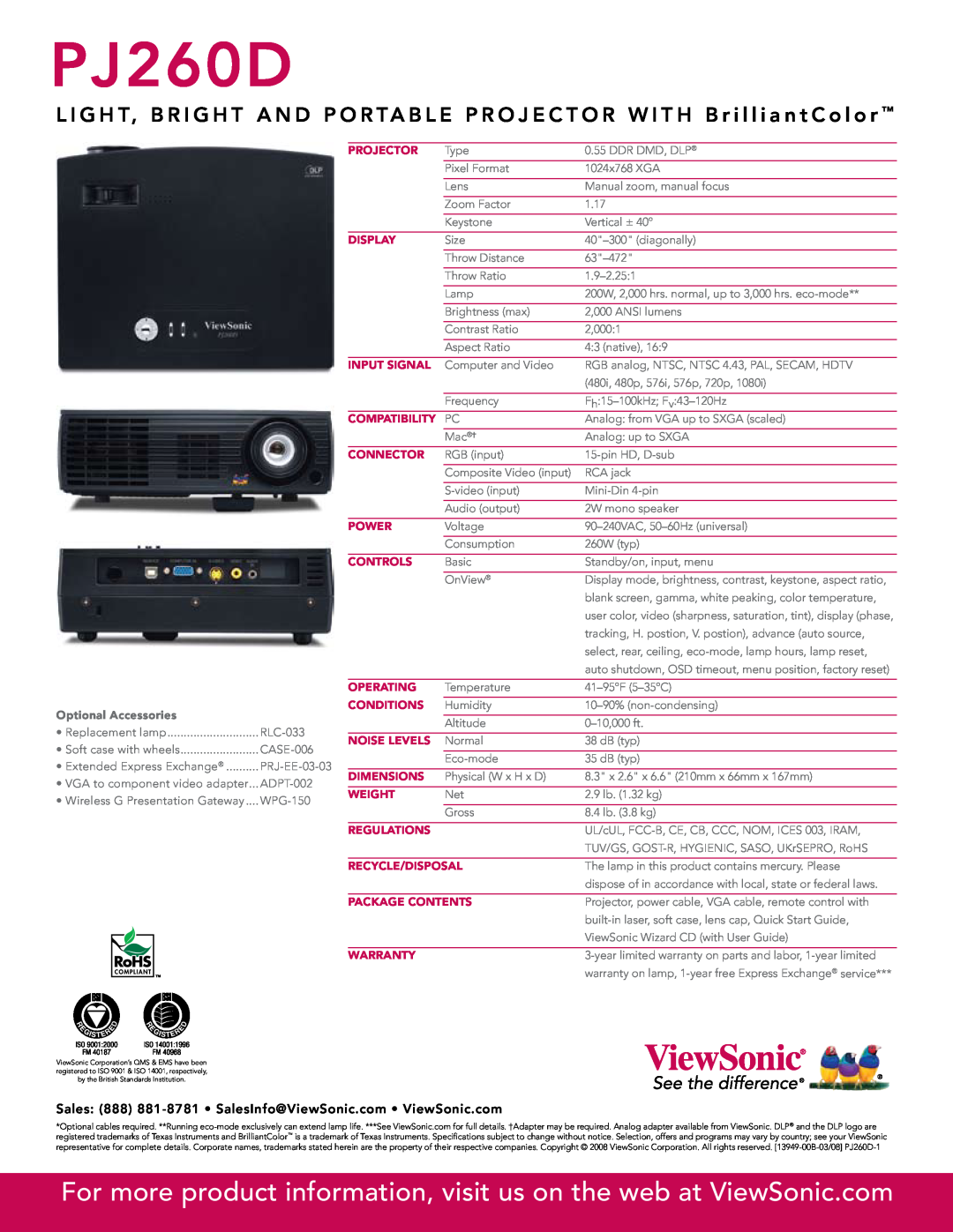 ViewSonic PJ600-1 manual PJ260D, Optional Accessories 