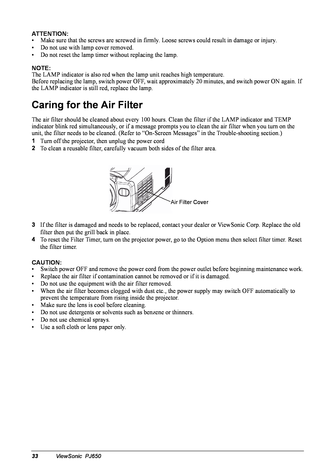 ViewSonic PJ650 manual Caring for the Air Filter 