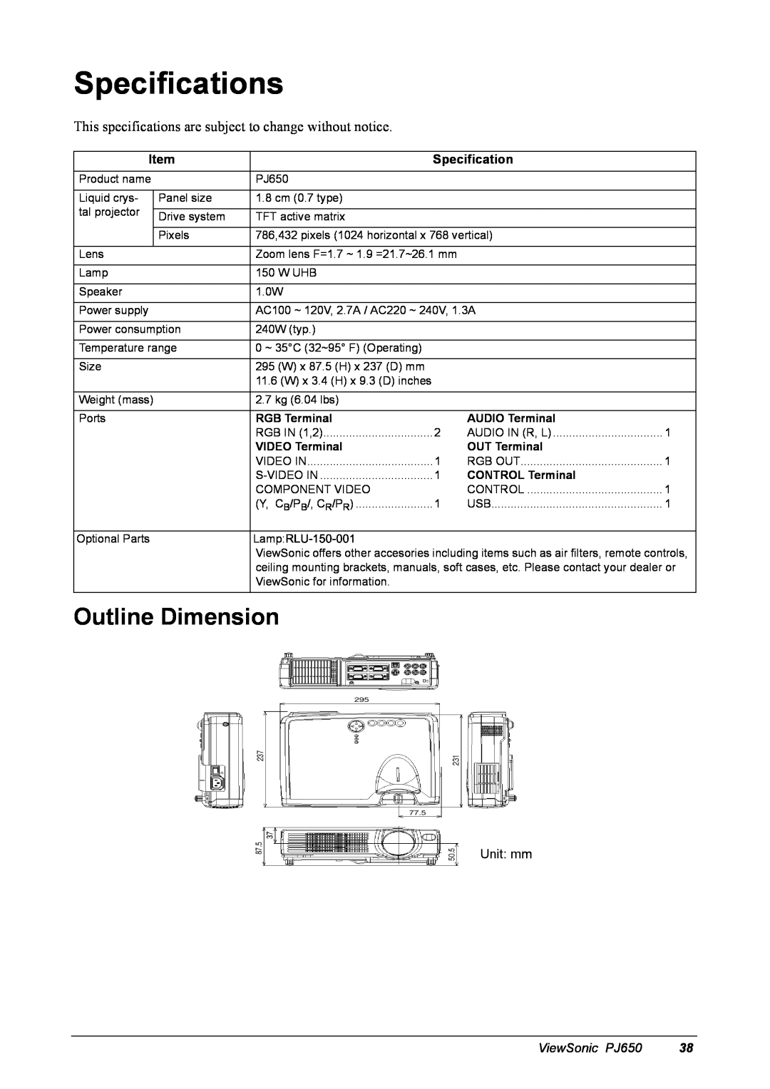 ViewSonic manual Specifications, Outline Dimension, ViewSonic PJ650 