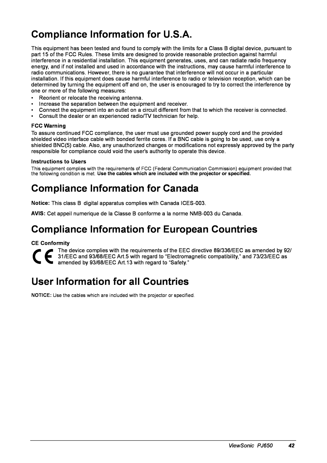 ViewSonic PJ650 Compliance Information for U.S.A, Compliance Information for Canada, User Information for all Countries 