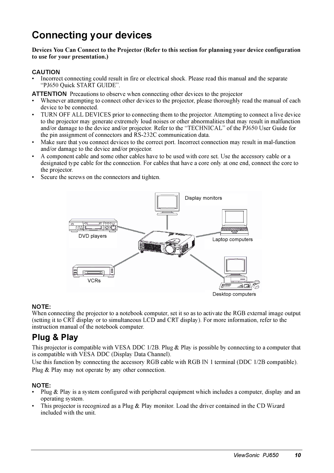 ViewSonic PJ650 manual Connecting your devices, Plug & Play 