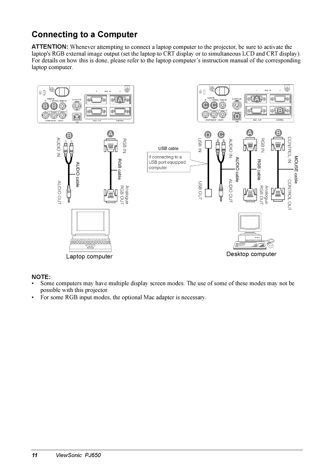 ViewSonic PJ650 manual Connecting to a Computer, Laptop computer 