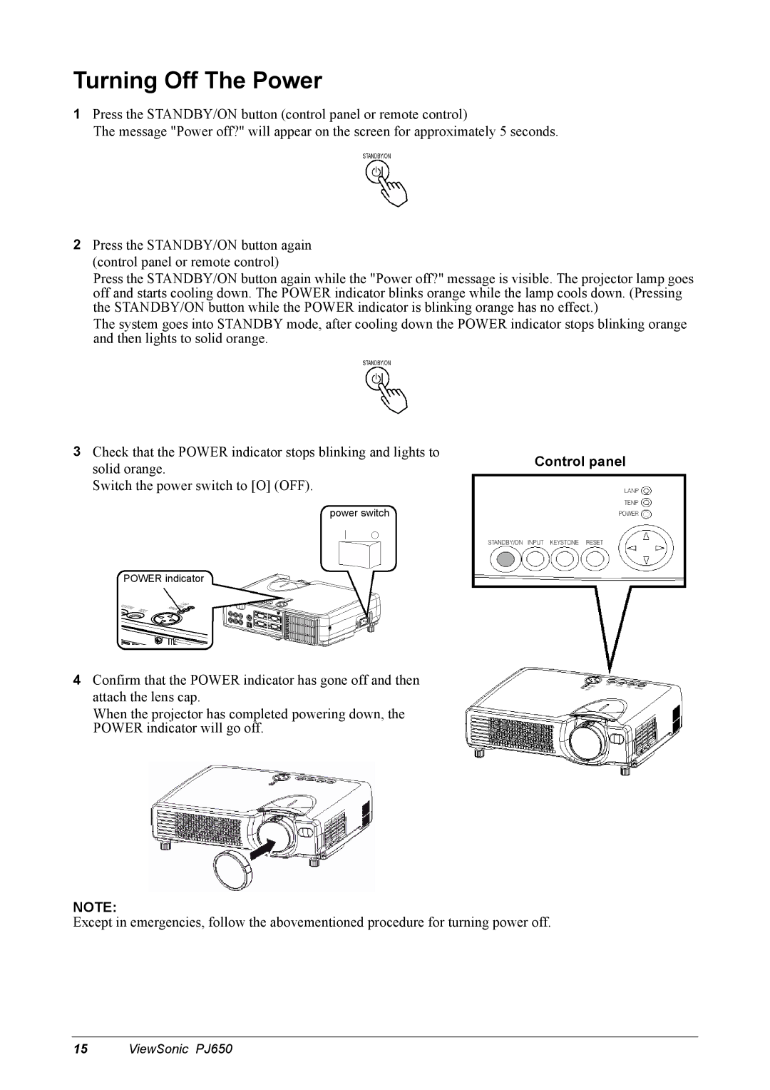 ViewSonic PJ650 manual Turning Off The Power, Control panel 