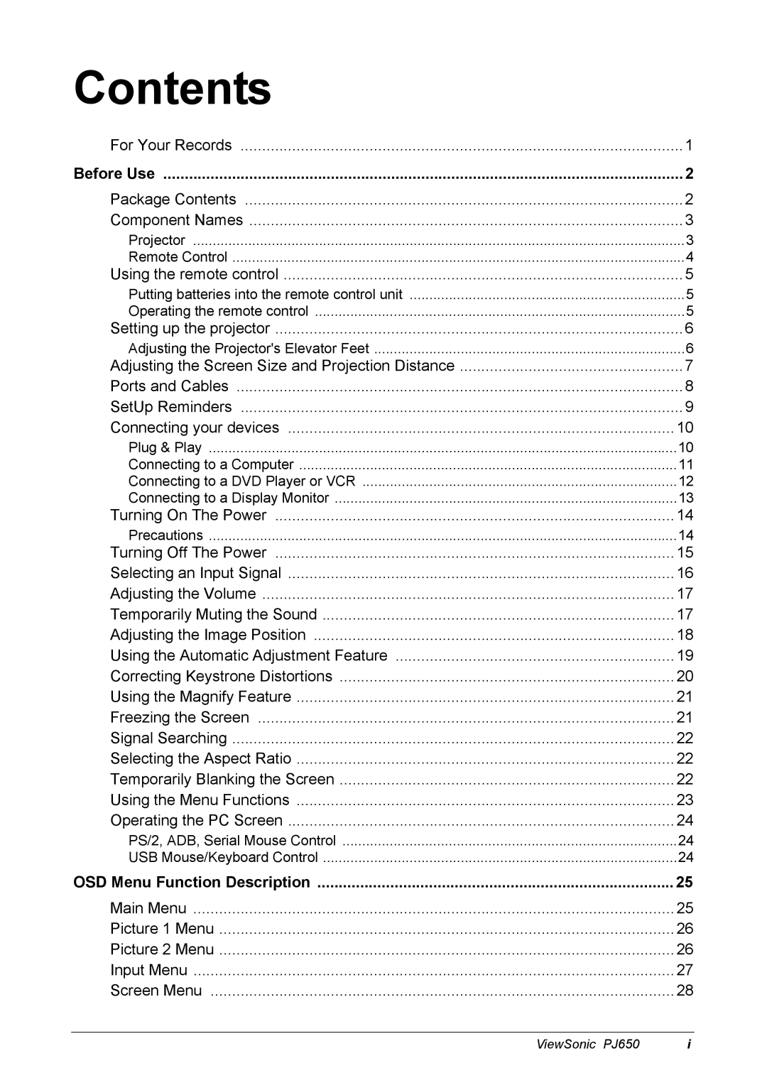 ViewSonic PJ650 manual Contents 