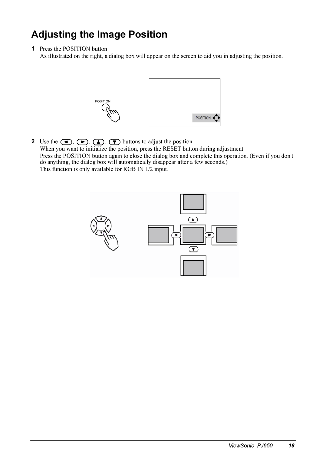 ViewSonic PJ650 manual Adjusting the Image Position 