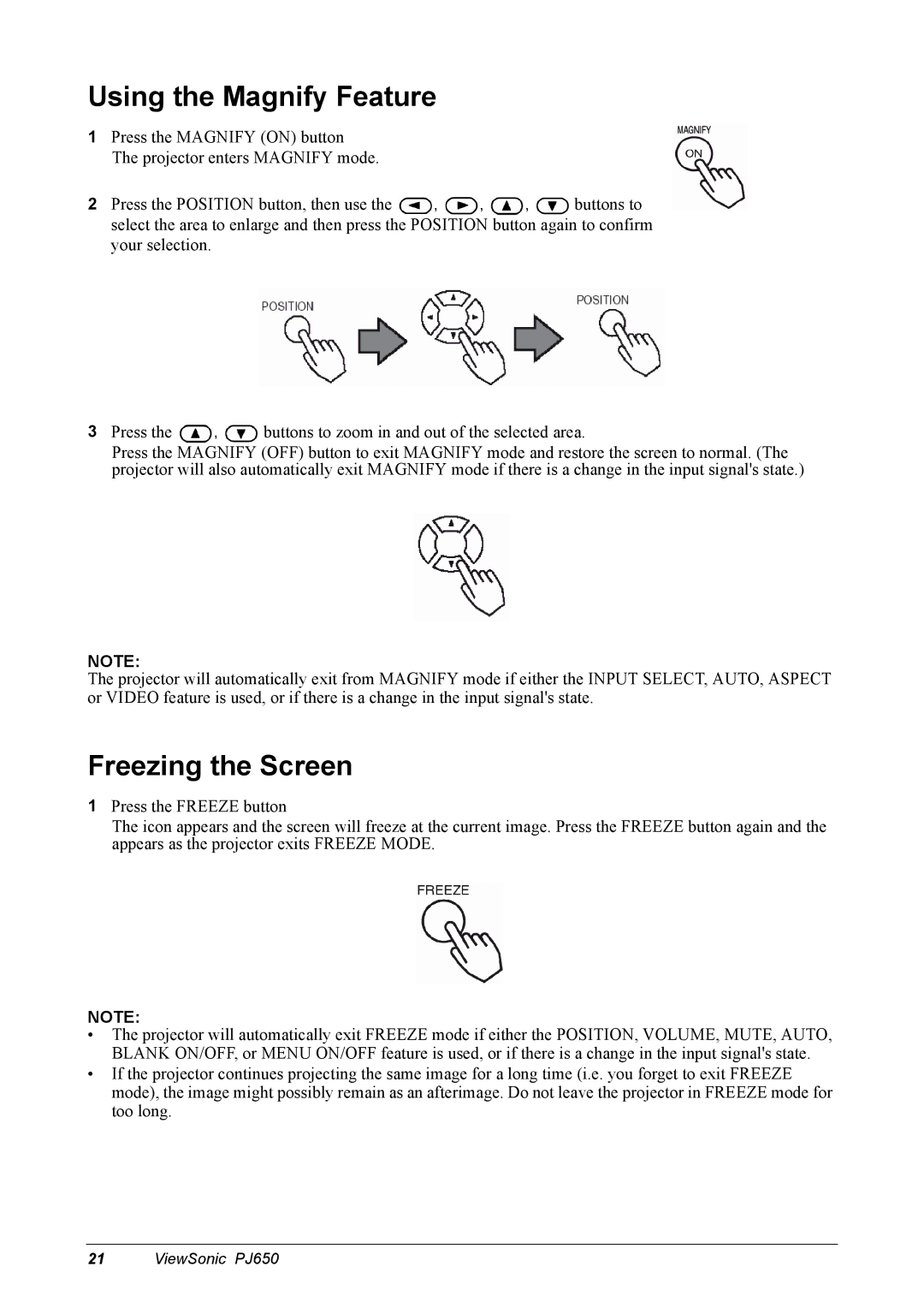 ViewSonic PJ650 manual Using the Magnify Feature, Freezing the Screen 