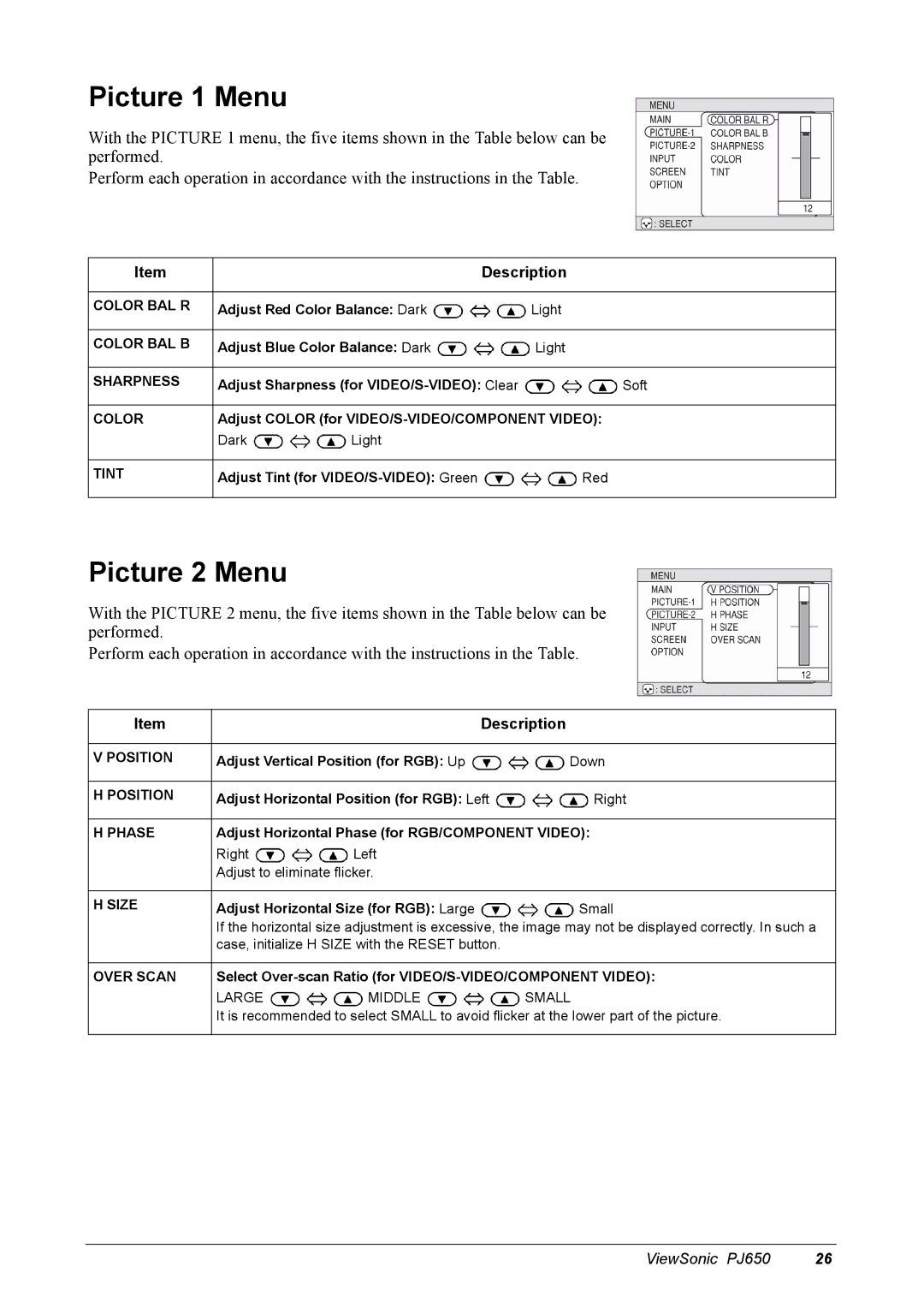 ViewSonic PJ650 manual Picture 1 Menu, Picture 2 Menu 