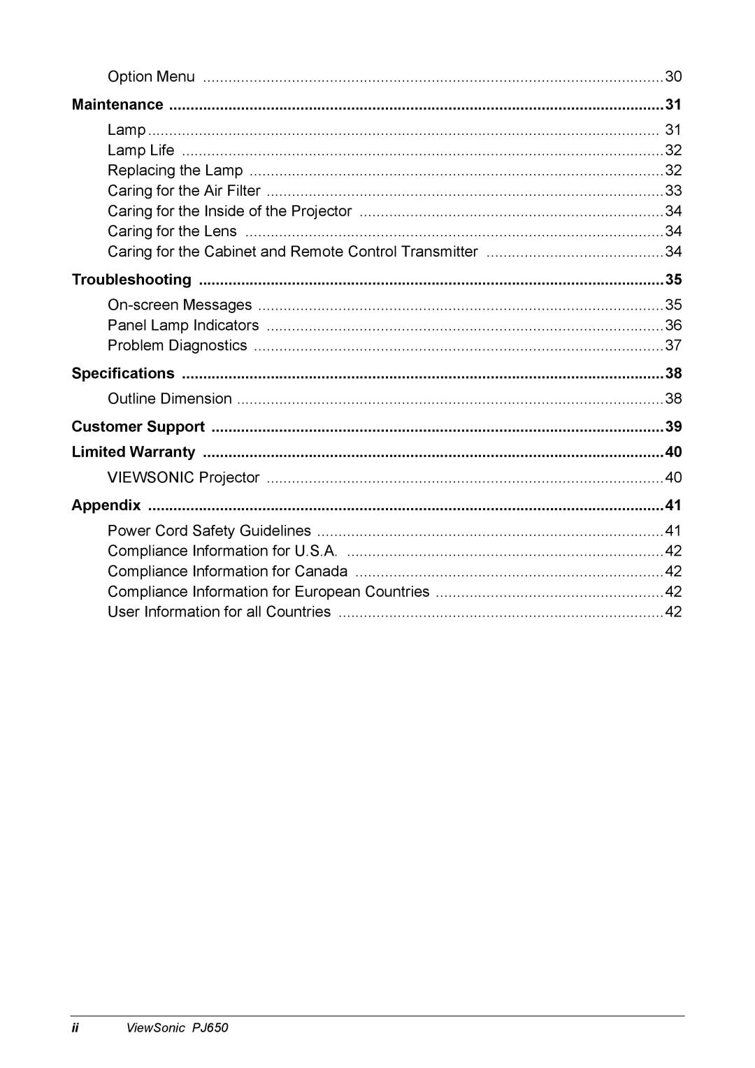 ViewSonic PJ650 manual Troubleshooting 