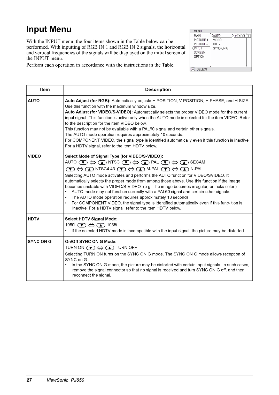 ViewSonic PJ650 Input Menu, Select Mode of Signal Type for VIDEO/S-VIDEO, Select Hdtv Signal Mode, On/Off Sync on G Mode 