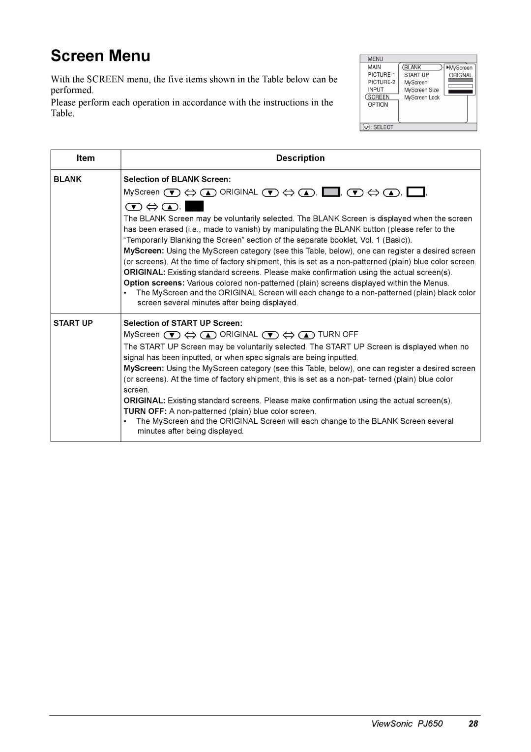 ViewSonic PJ650 manual Screen Menu, Selection of Blank Screen, Selection of Start UP Screen 