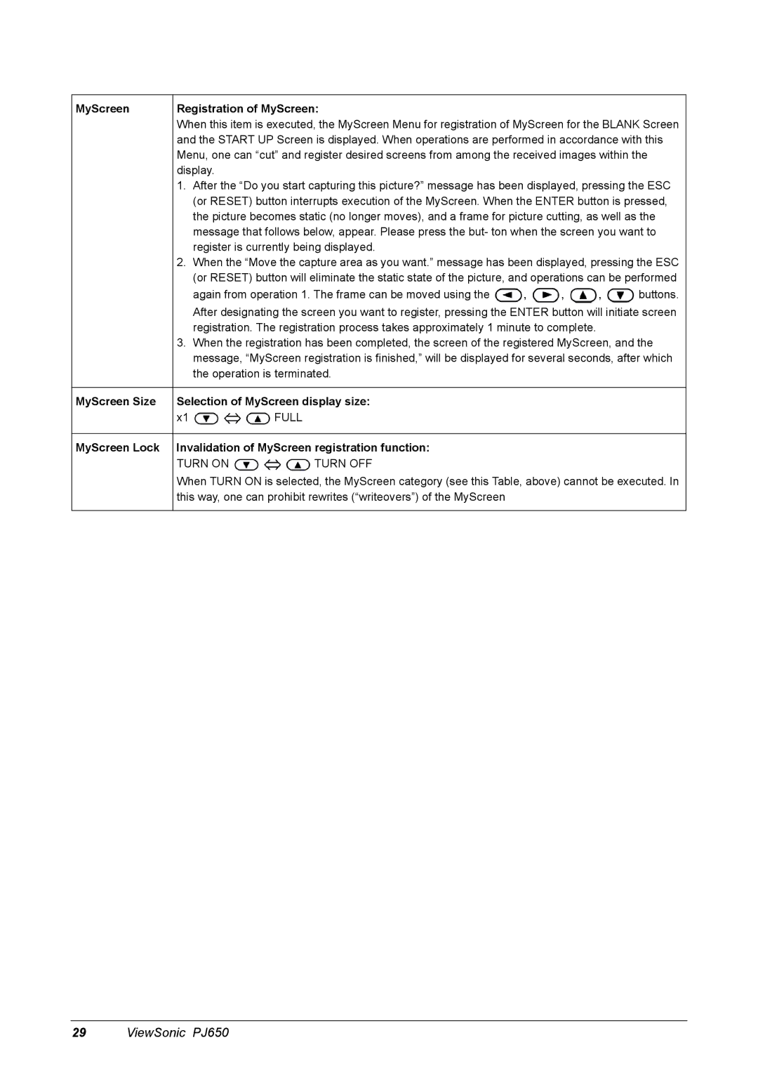 ViewSonic PJ650 manual MyScreen Registration of MyScreen, MyScreen Size Selection of MyScreen display size 