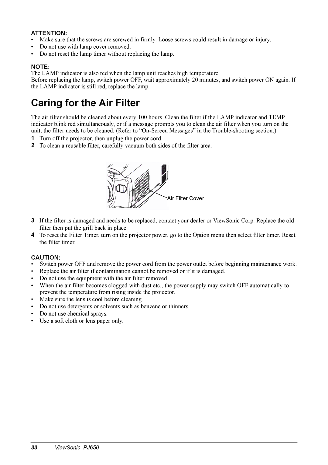 ViewSonic PJ650 manual Caring for the Air Filter 