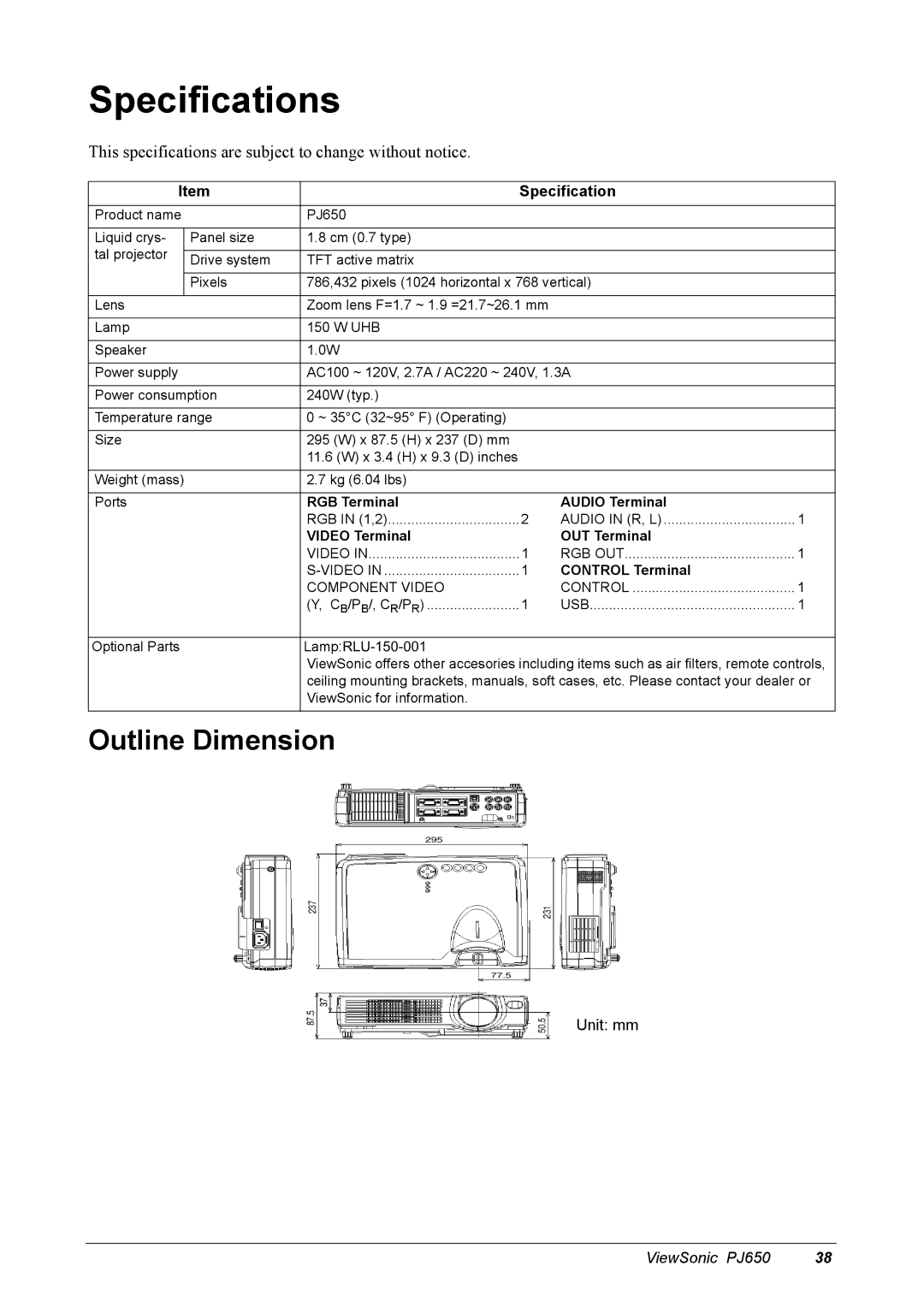 ViewSonic PJ650 manual Specifications, Outline Dimension 