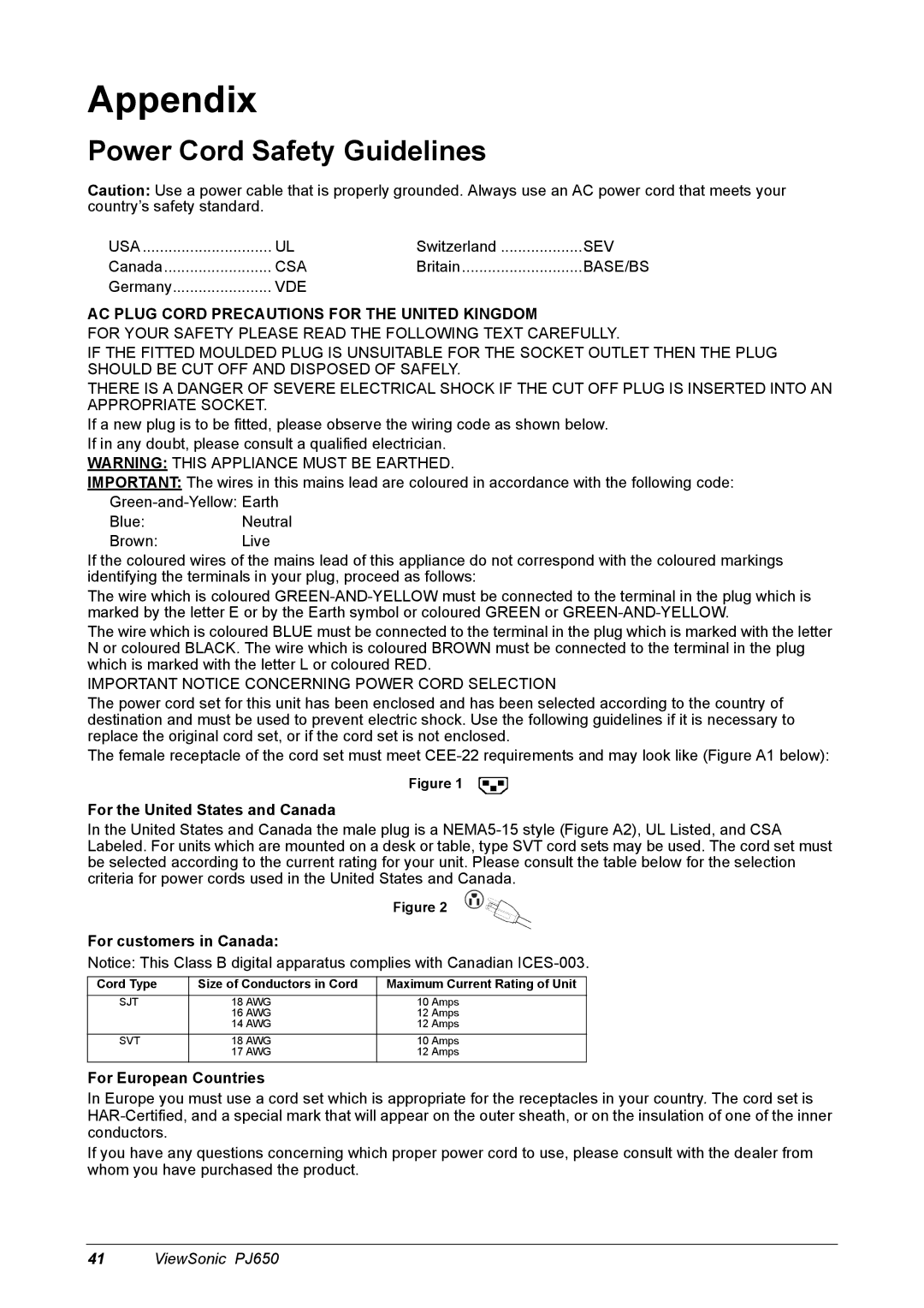 ViewSonic PJ650 manual Appendix, Power Cord Safety Guidelines, For the United States and Canada, For customers in Canada 