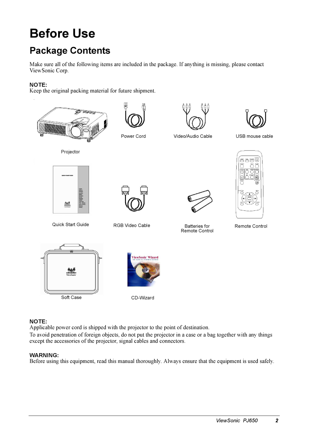 ViewSonic PJ650 manual Before Use, Package Contents 