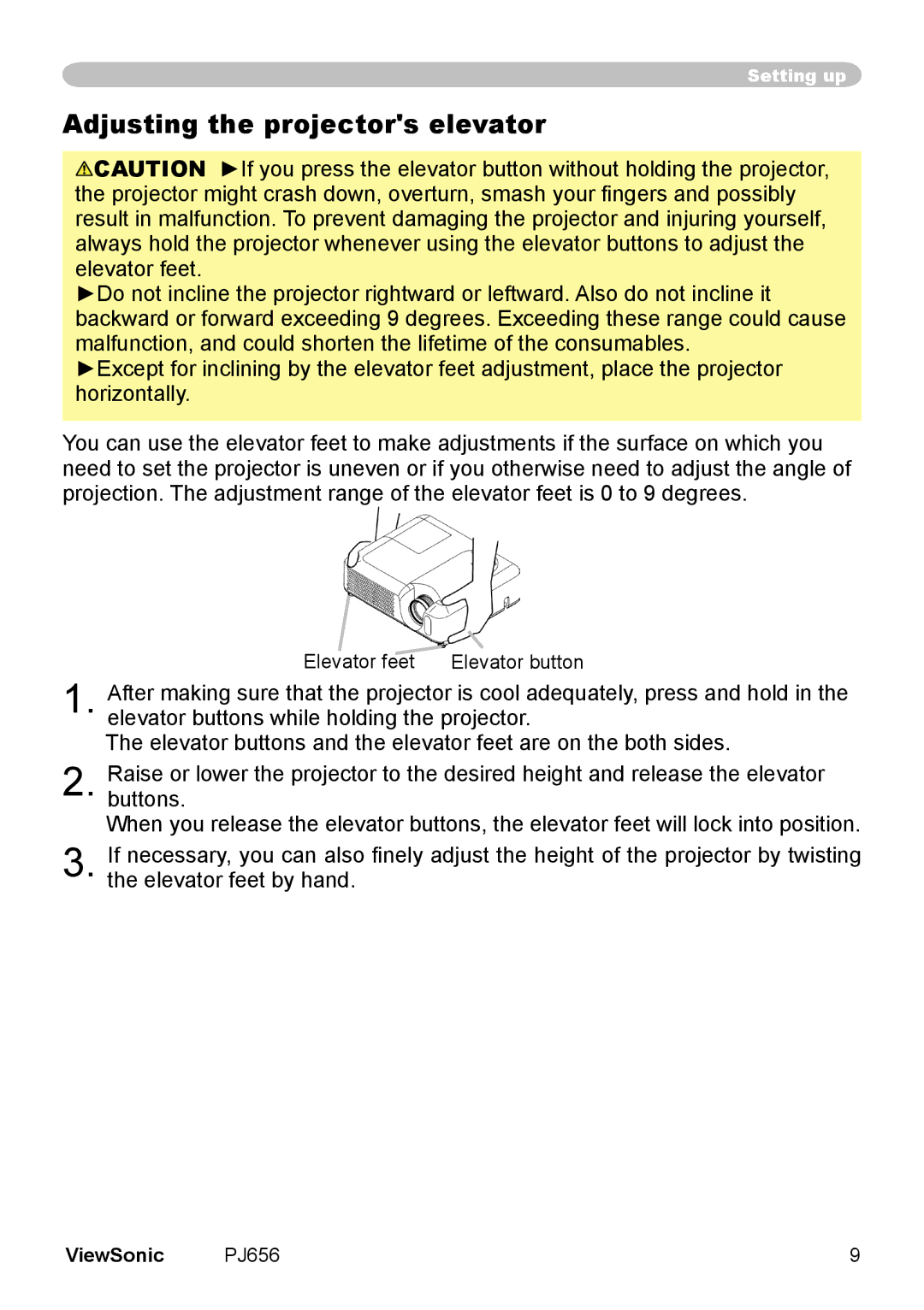 ViewSonic PJ656 manual Adjusting the projectors elevator 