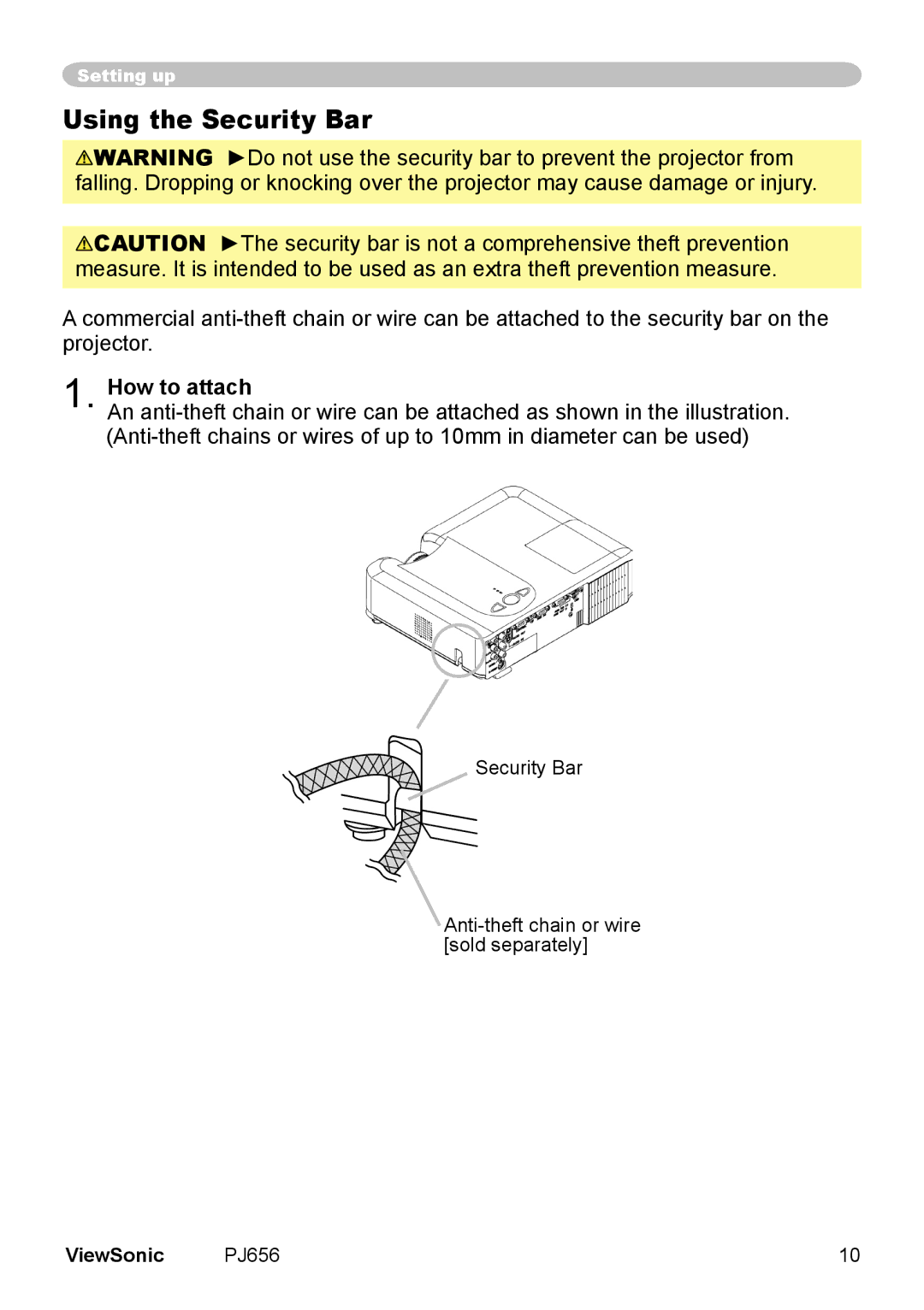 ViewSonic PJ656 manual Using the Security Bar, How to attach 