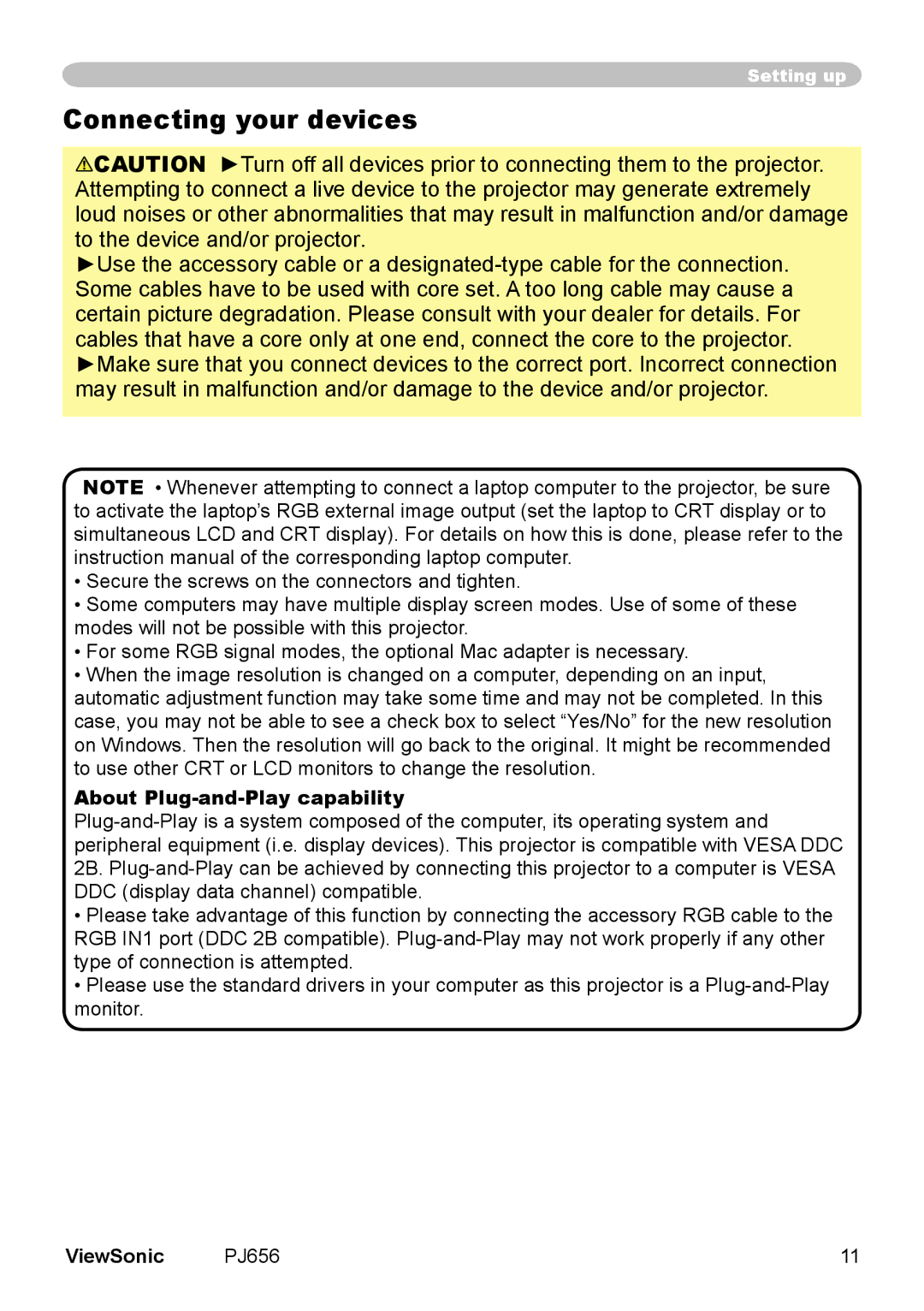 ViewSonic PJ656 manual Connecting your devices, About Plug-and-Play capability 
