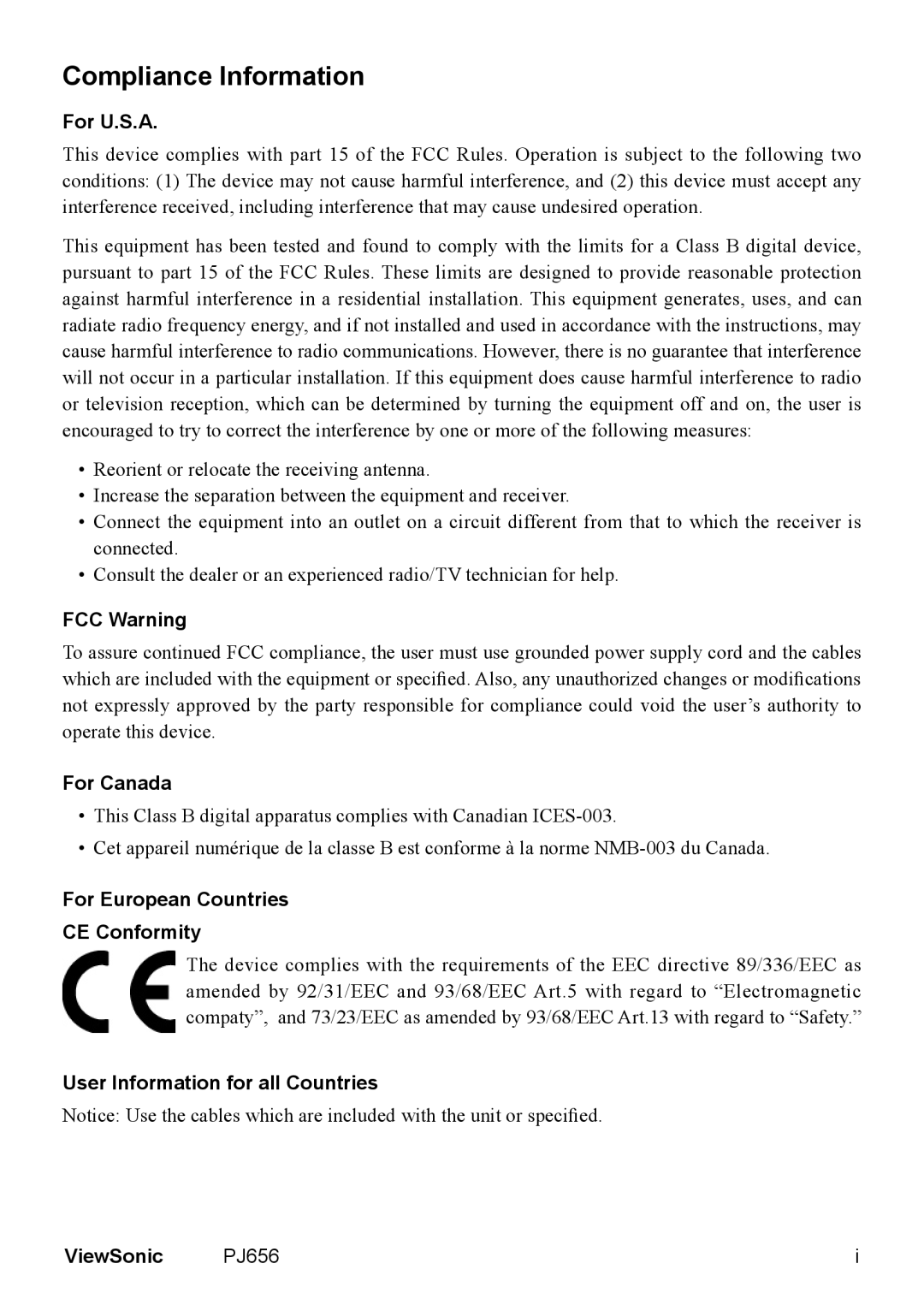 ViewSonic PJ656 manual Compliance Information 