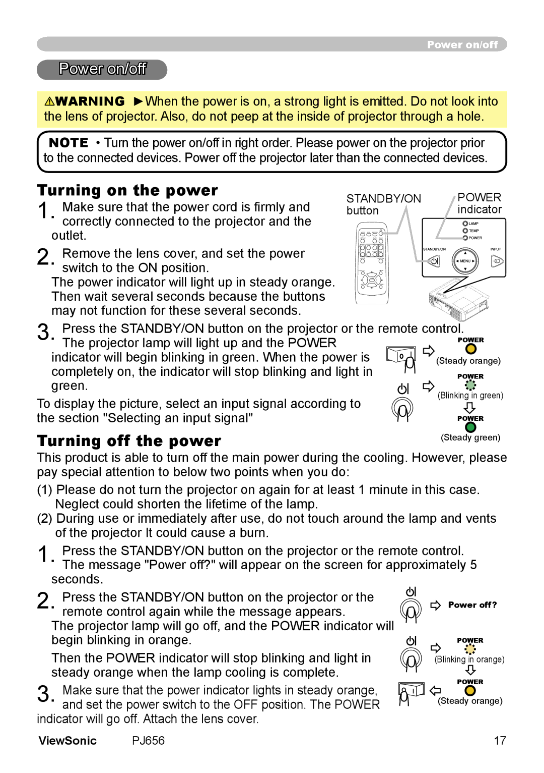 ViewSonic PJ656 manual Power on/off, Turning on the power, Turning off the power, STANDBY/ON Power 