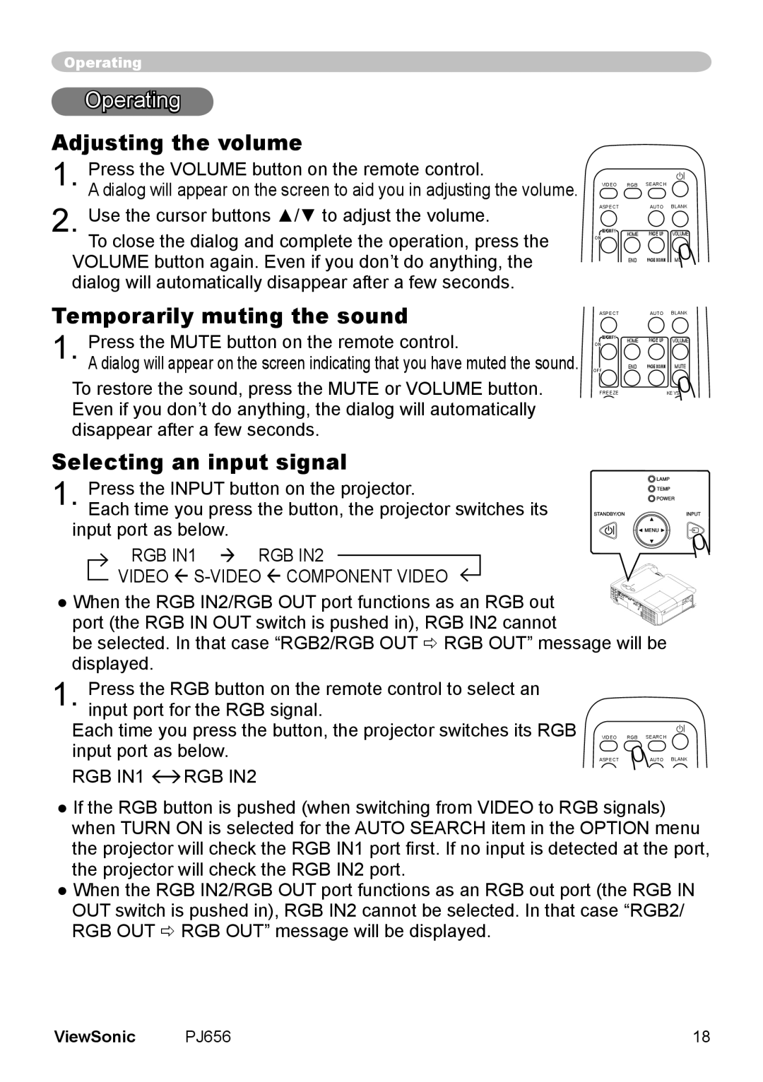 ViewSonic PJ656 manual Operating, Adjusting the volume, Temporarily muting the sound, Selecting an input signal 