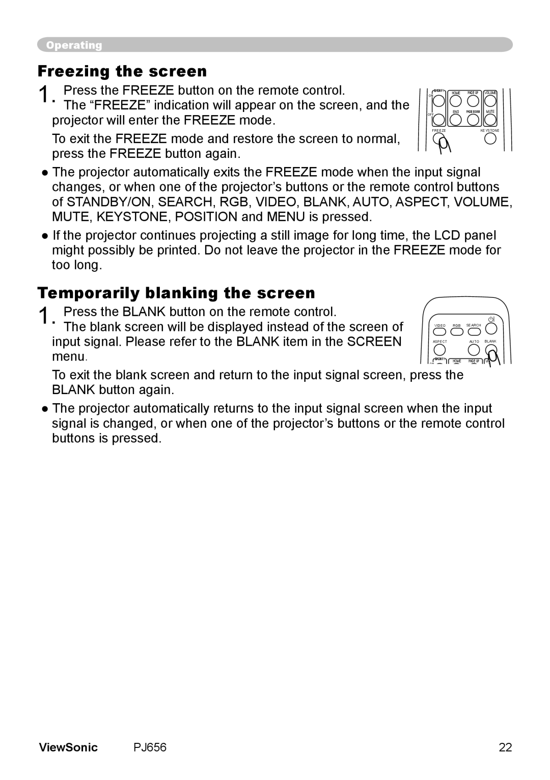 ViewSonic PJ656 manual Freezing the screen, Temporarily blanking the screen 