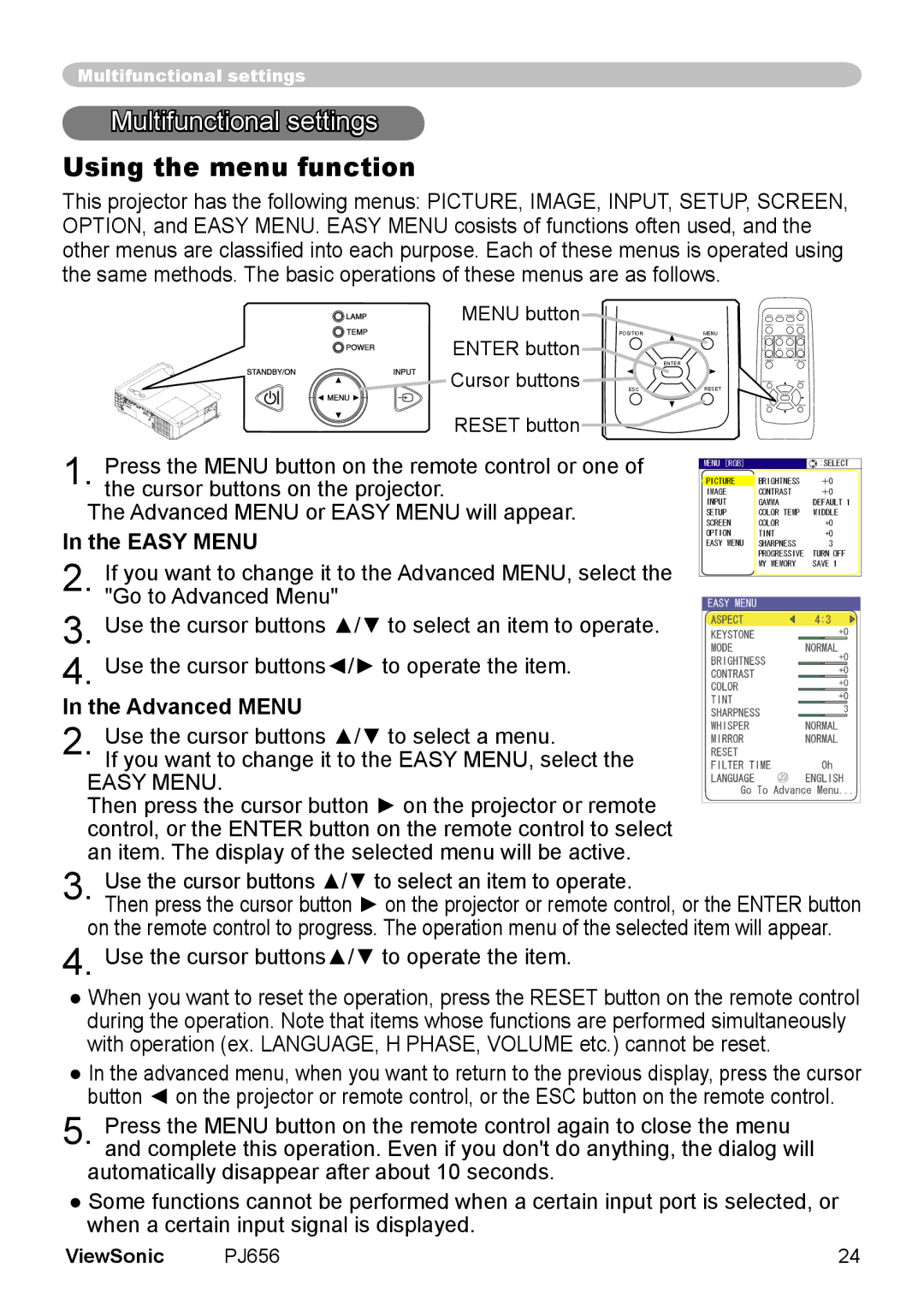 ViewSonic PJ656 manual Multifunctional settings, Using the menu function, Easy Menu, Advanced Menu 