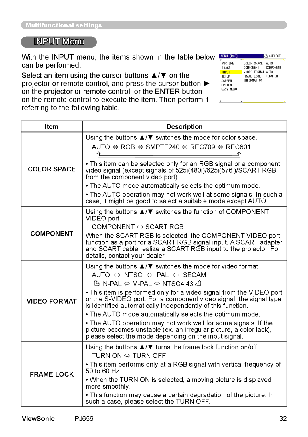 ViewSonic PJ656 manual Input Menu, Color Space, Component, Video Format, Frame Lock 
