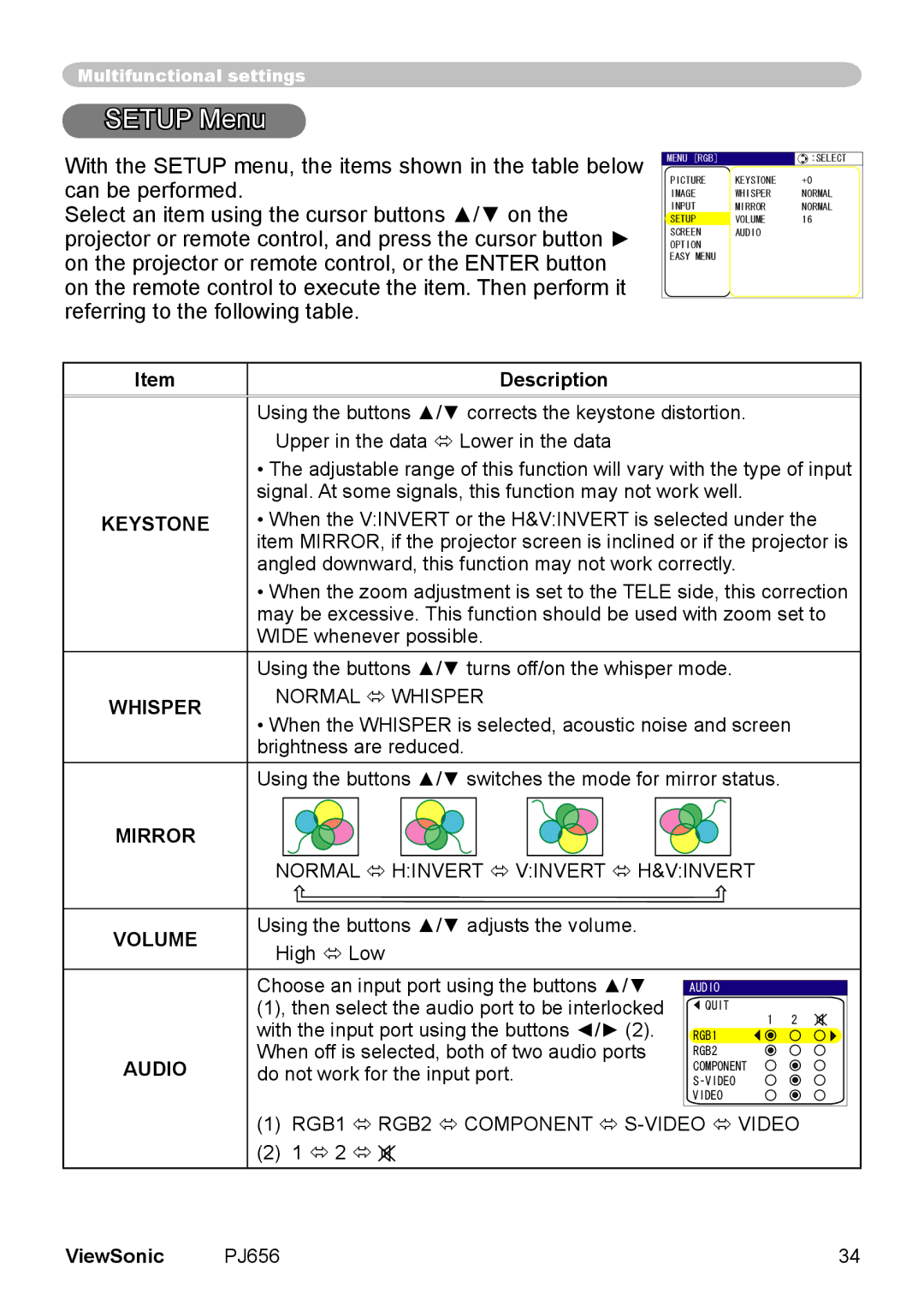 ViewSonic PJ656 manual Setup Menu, Volume, Audio 