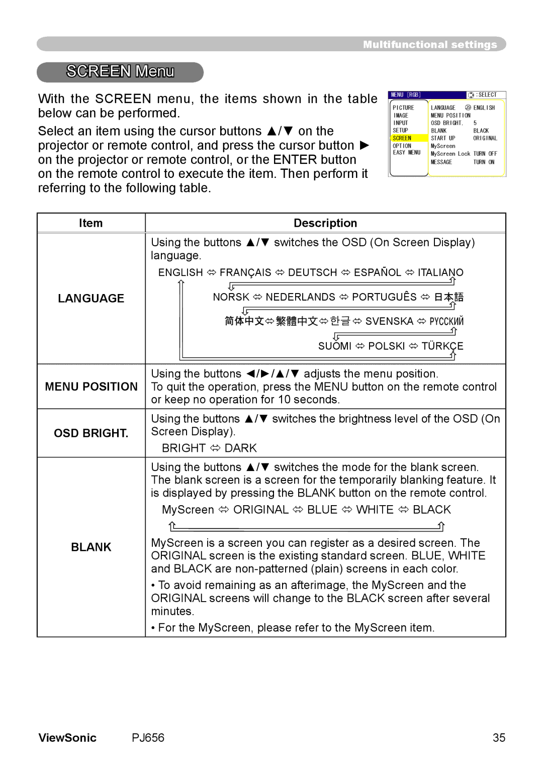 ViewSonic PJ656 manual Screen Menu, Menu Position, OSD Bright, Bright  Dark, Blank 