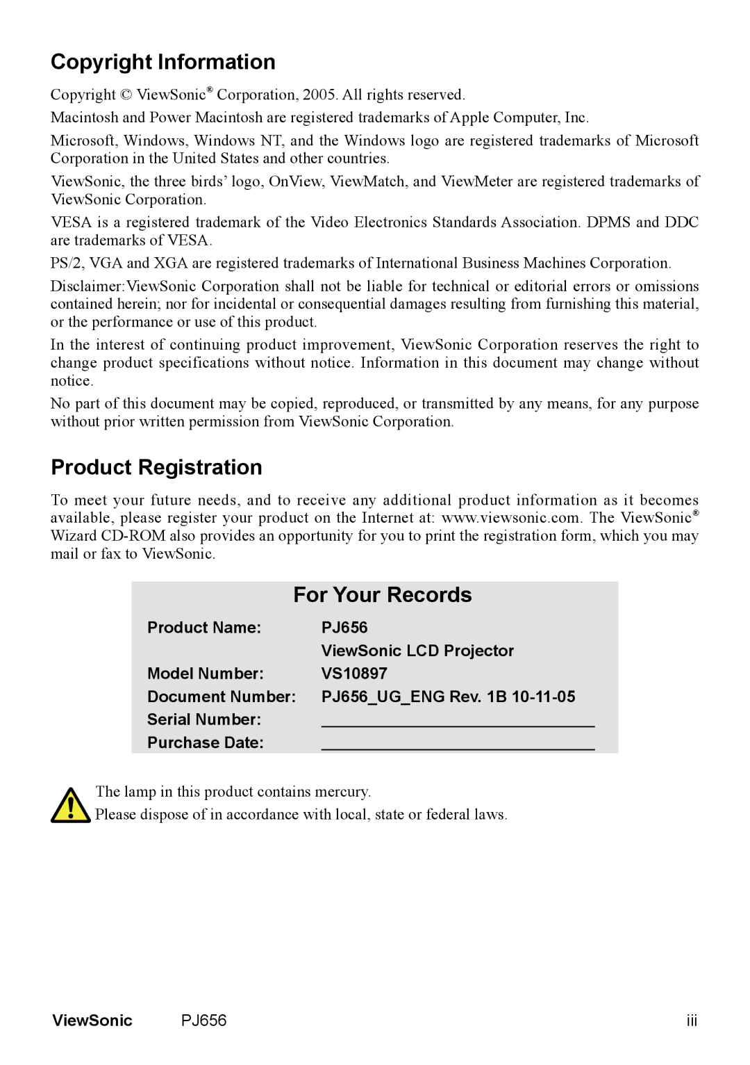 ViewSonic PJ656 manual Copyright Information, Product Registration For Your Records 