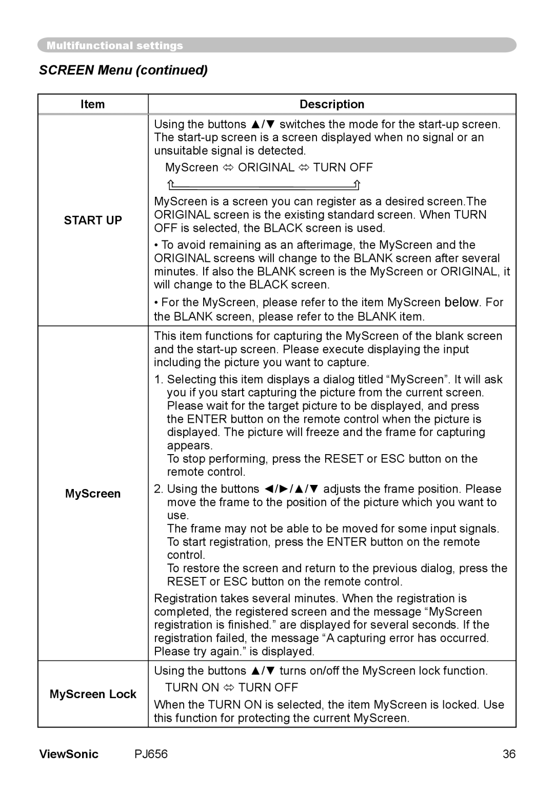 ViewSonic PJ656 manual Screen Menu, Start UP, MyScreen Lock 