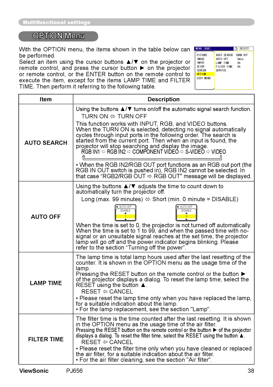 ViewSonic PJ656 manual Option Menu, Auto Search, Auto OFF, Lamp Time, Reset  Cancel 