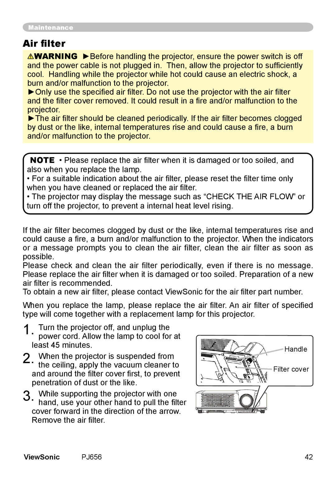 ViewSonic PJ656 manual Air ﬁlter 