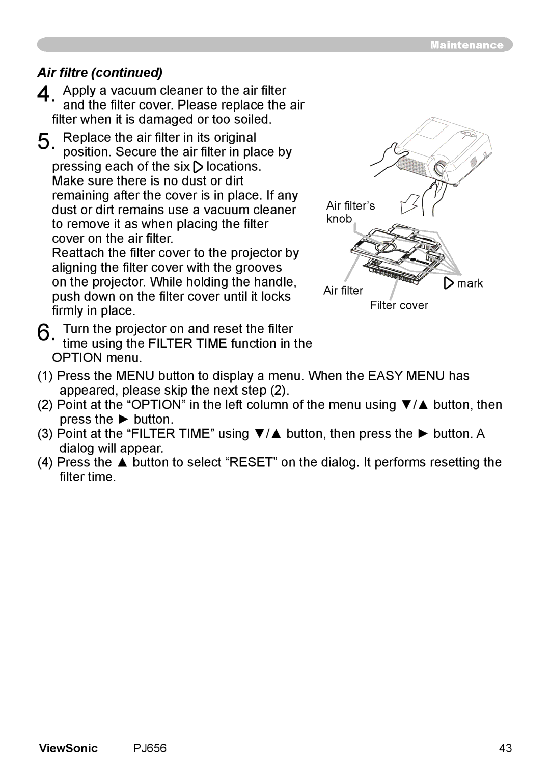 ViewSonic PJ656 manual Air ﬁltre 