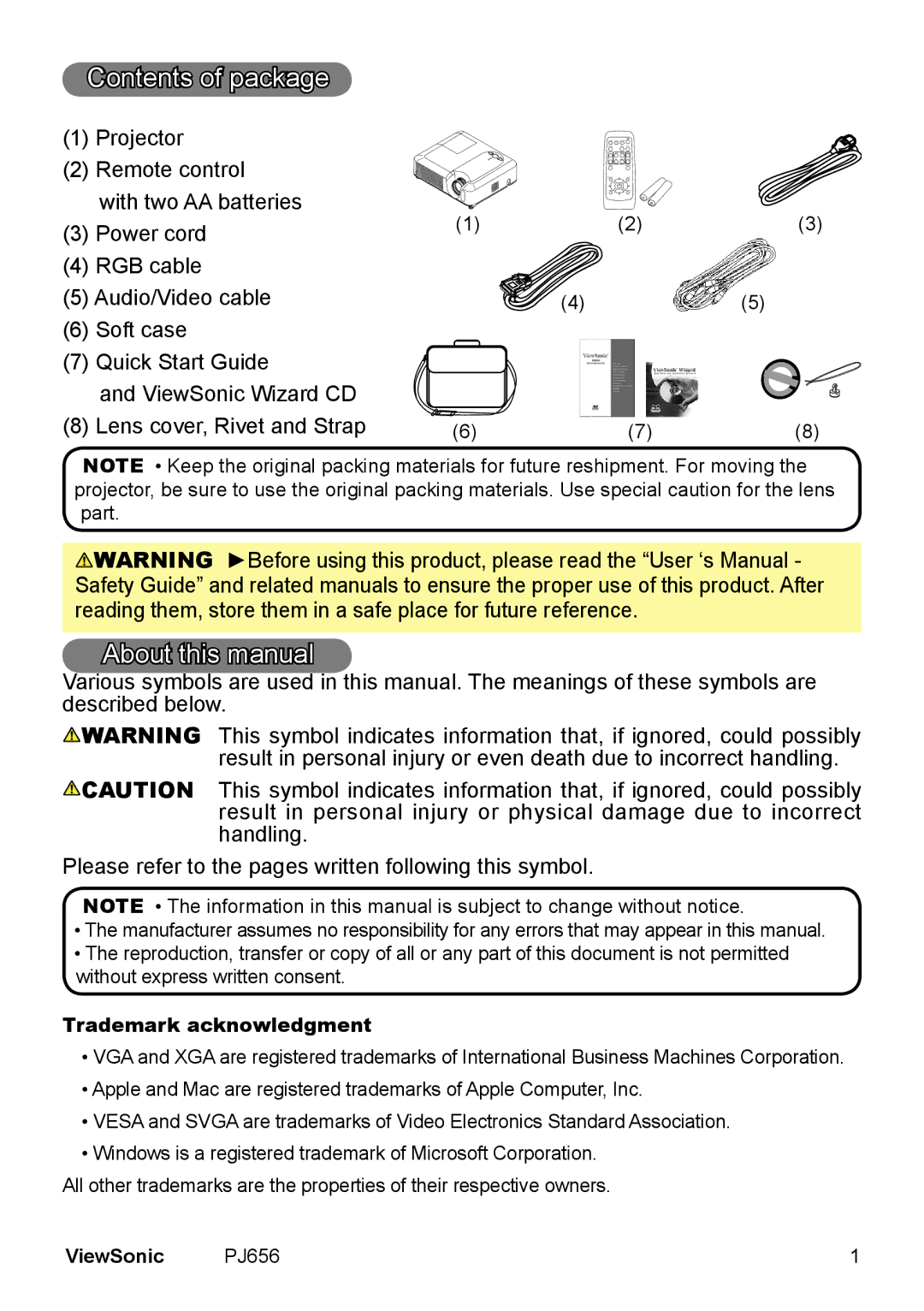 ViewSonic PJ656 Contents of package, About this manual 