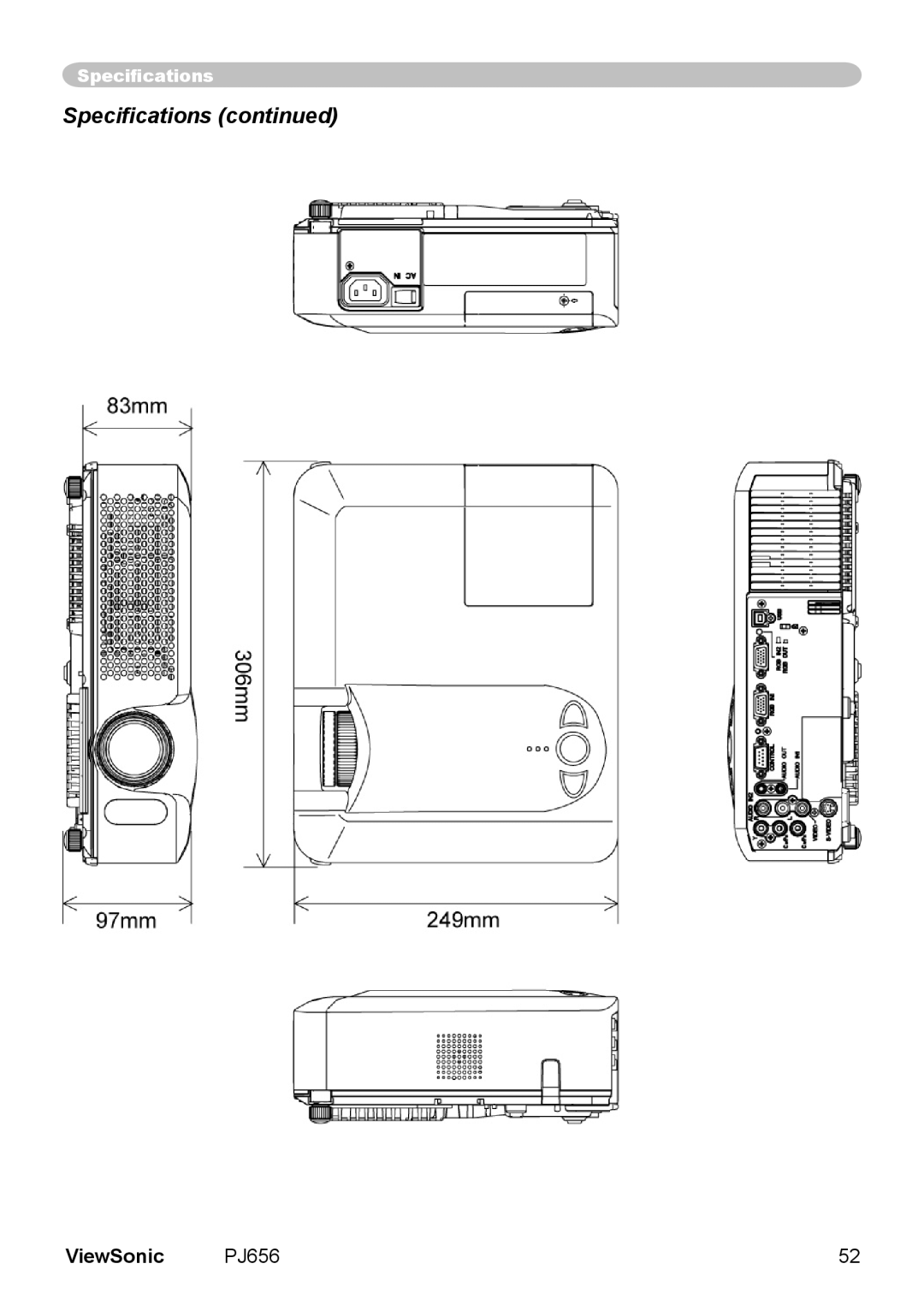 ViewSonic PJ656 manual Speciﬁcations 