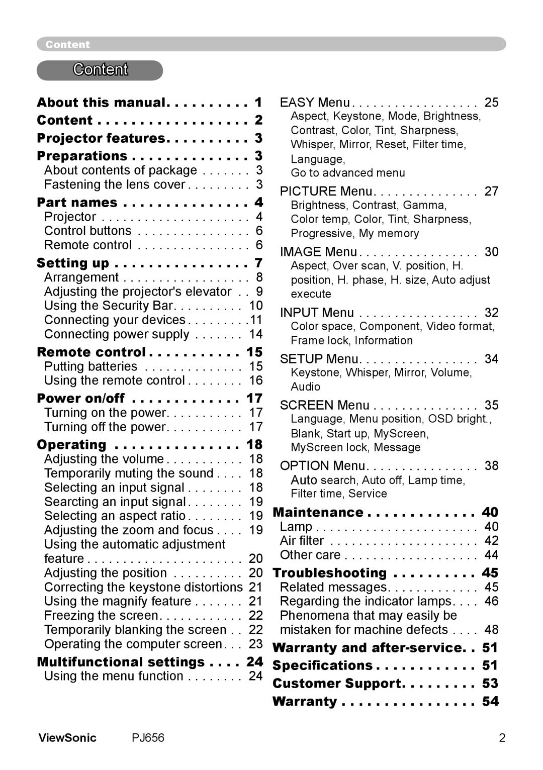 ViewSonic PJ656 manual Content 