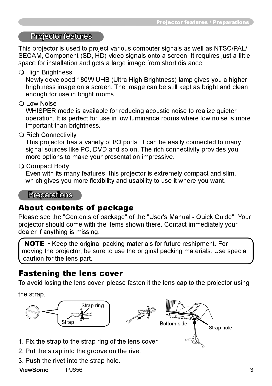 ViewSonic PJ656 manual About contents of package Fastening the lens cover 