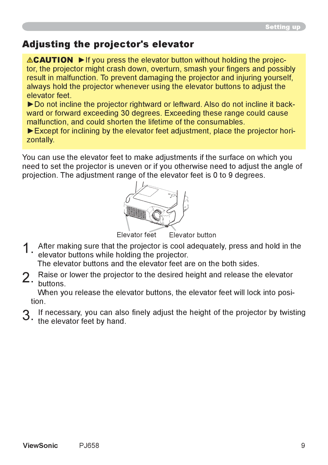 ViewSonic PJ658 manual Adjusting the projectors elevator, Elevator feet Elevator button 