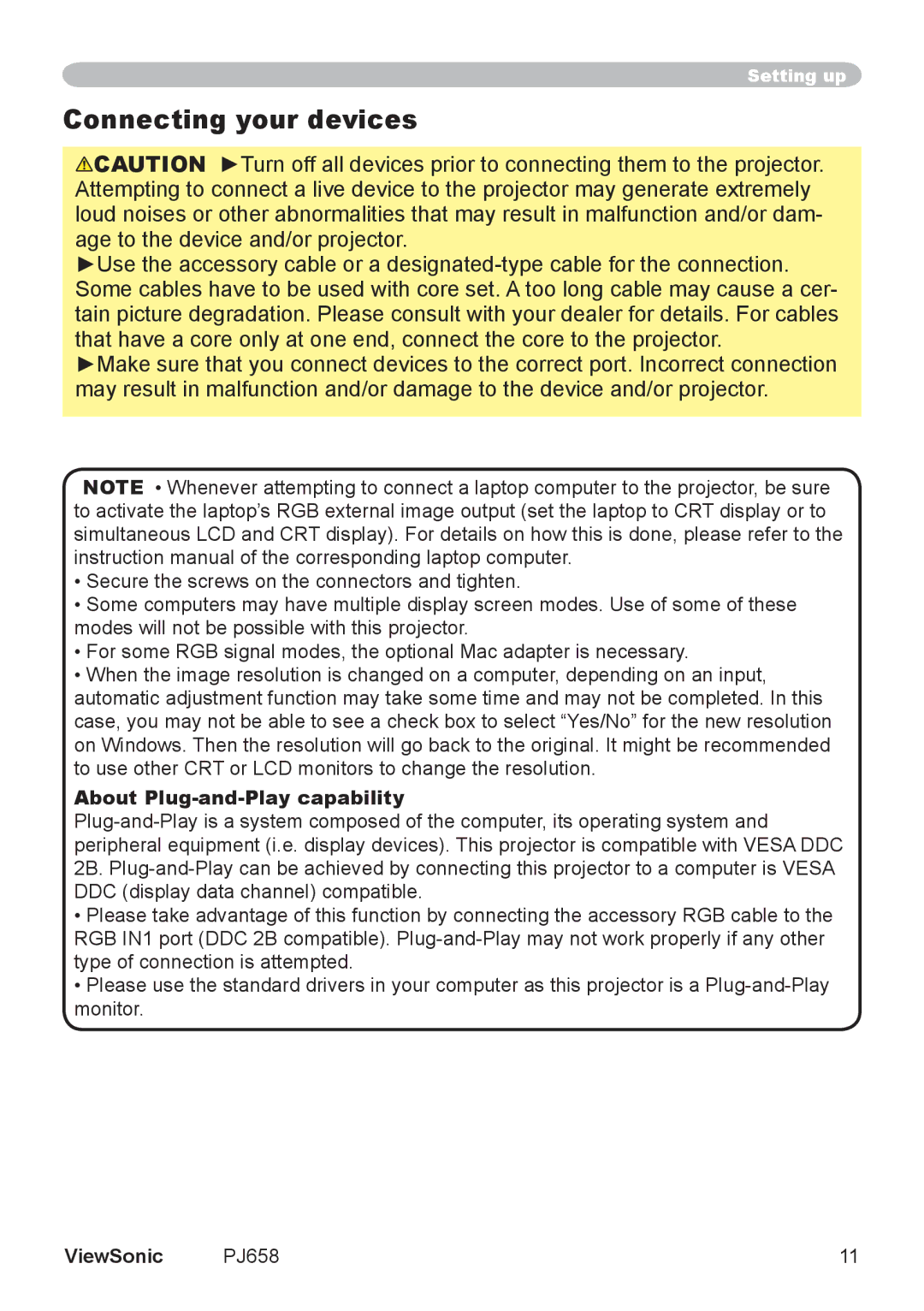 ViewSonic PJ658 manual Connecting your devices, About Plug-and-Play capability 