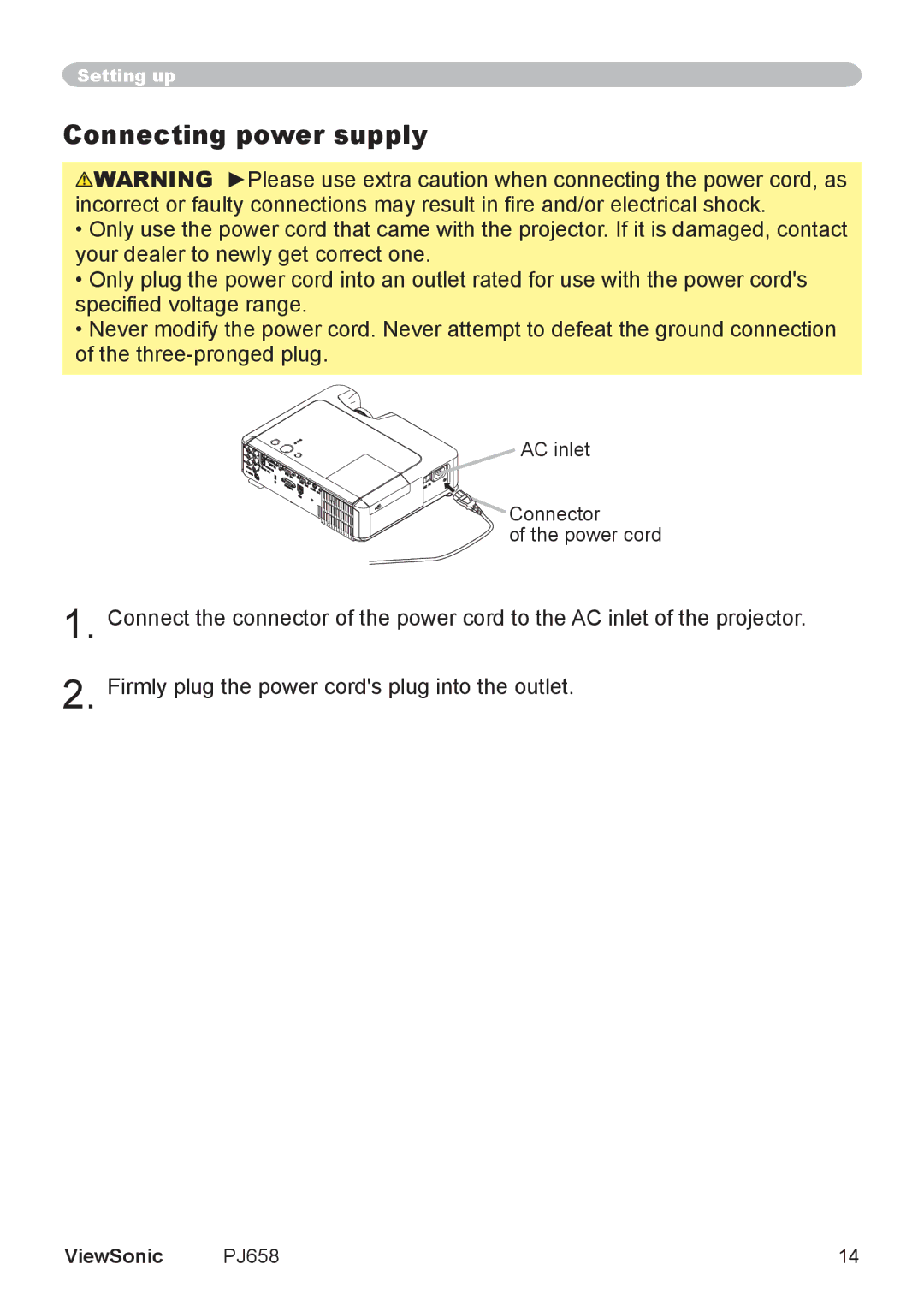 ViewSonic PJ658 manual Connecting power supply, AC inlet Connector Power cord 