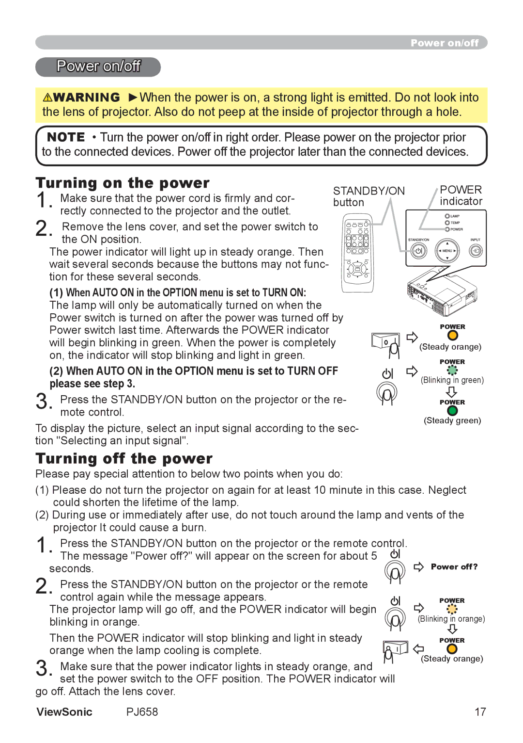 ViewSonic PJ658 manual Power on/off, Turning on the power, Turning off the power, Blinking in orange 