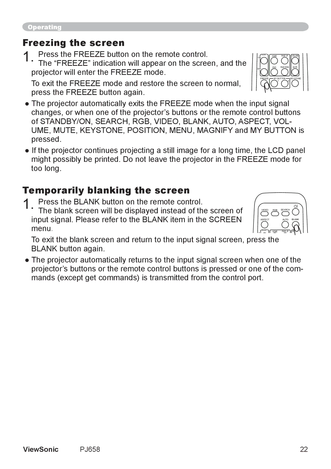 ViewSonic PJ658 manual Freezing the screen, Temporarily blanking the screen 