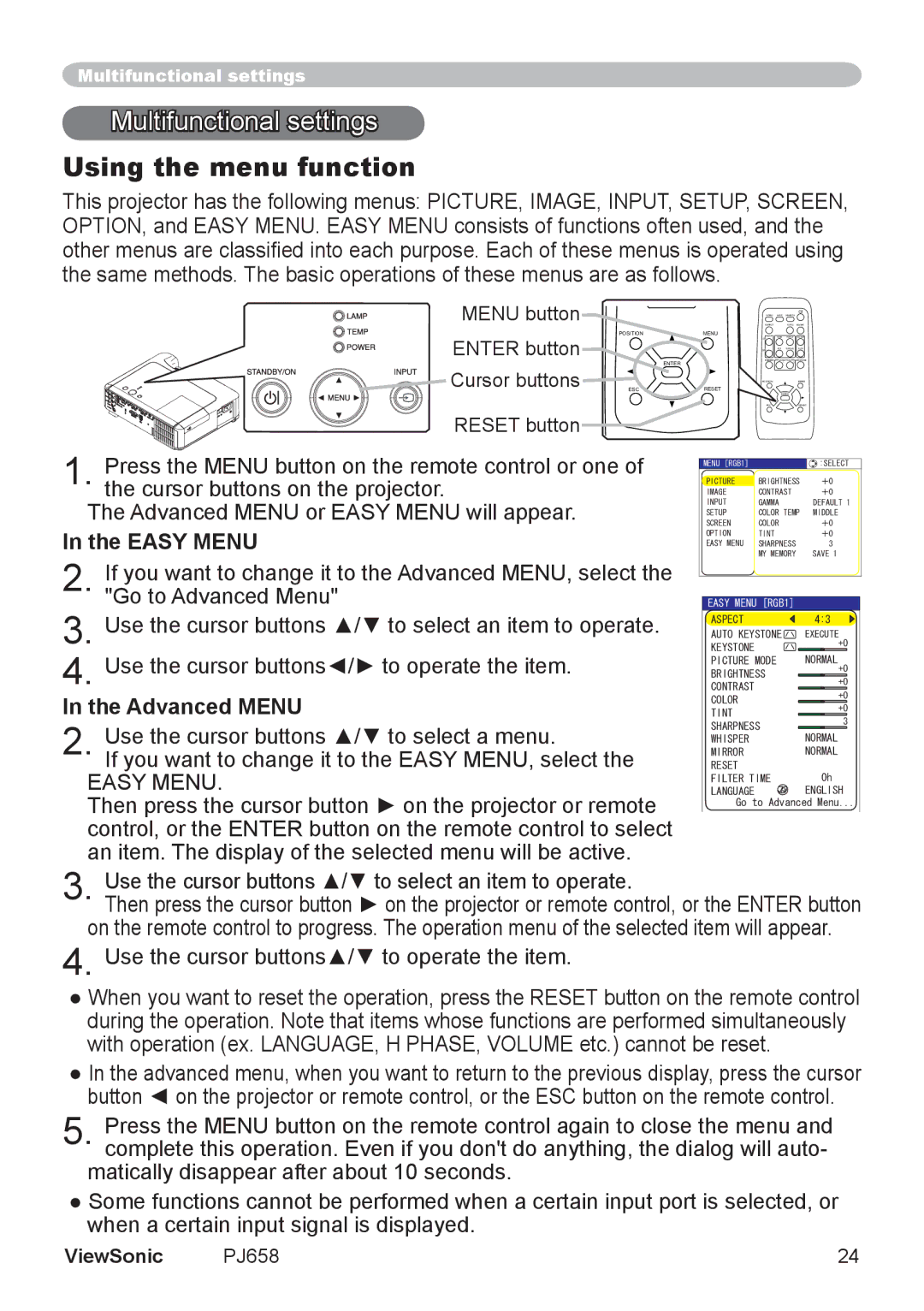 ViewSonic PJ658 manual Multifunctional settings, Using the menu function, Easy Menu, Advanced Menu 